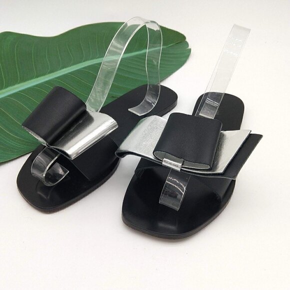 Pollini Italy Black Silver Slip On Bow Sandals Size 38 7 7.5 Metallic Open Toe - Picture 3 of 7